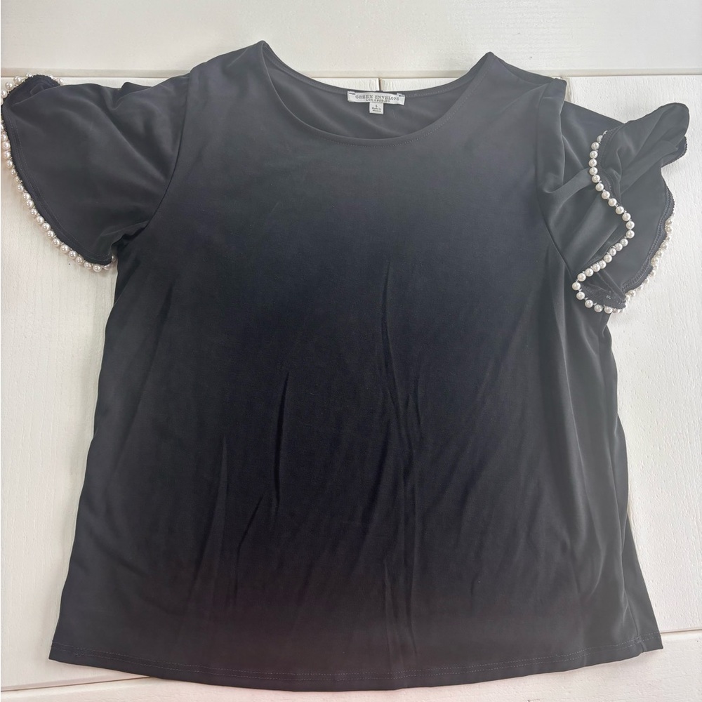 Black Top Blouse With Pearled Beaded Sleeves